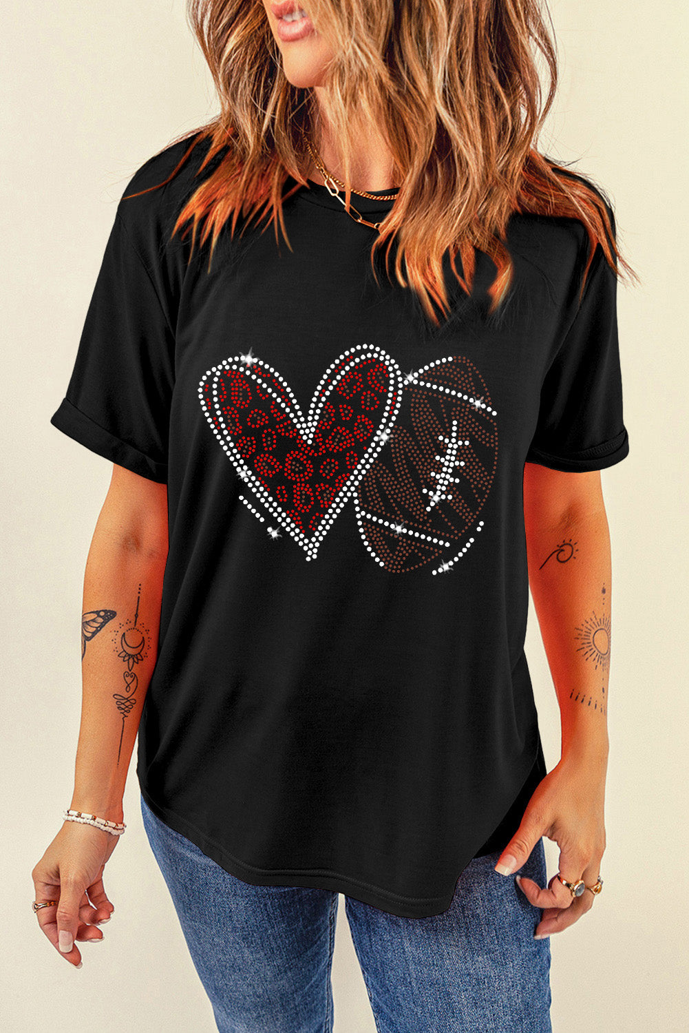 Rhinestone Football Heart T-Shirt