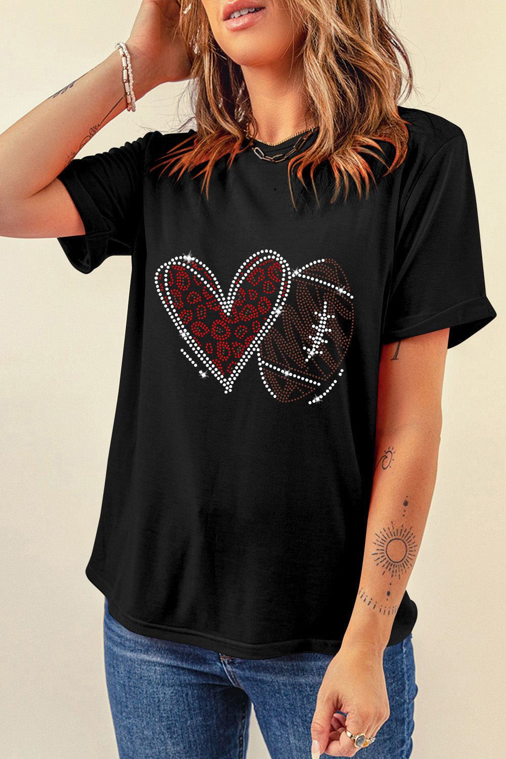 Rhinestone Football Heart T-Shirt