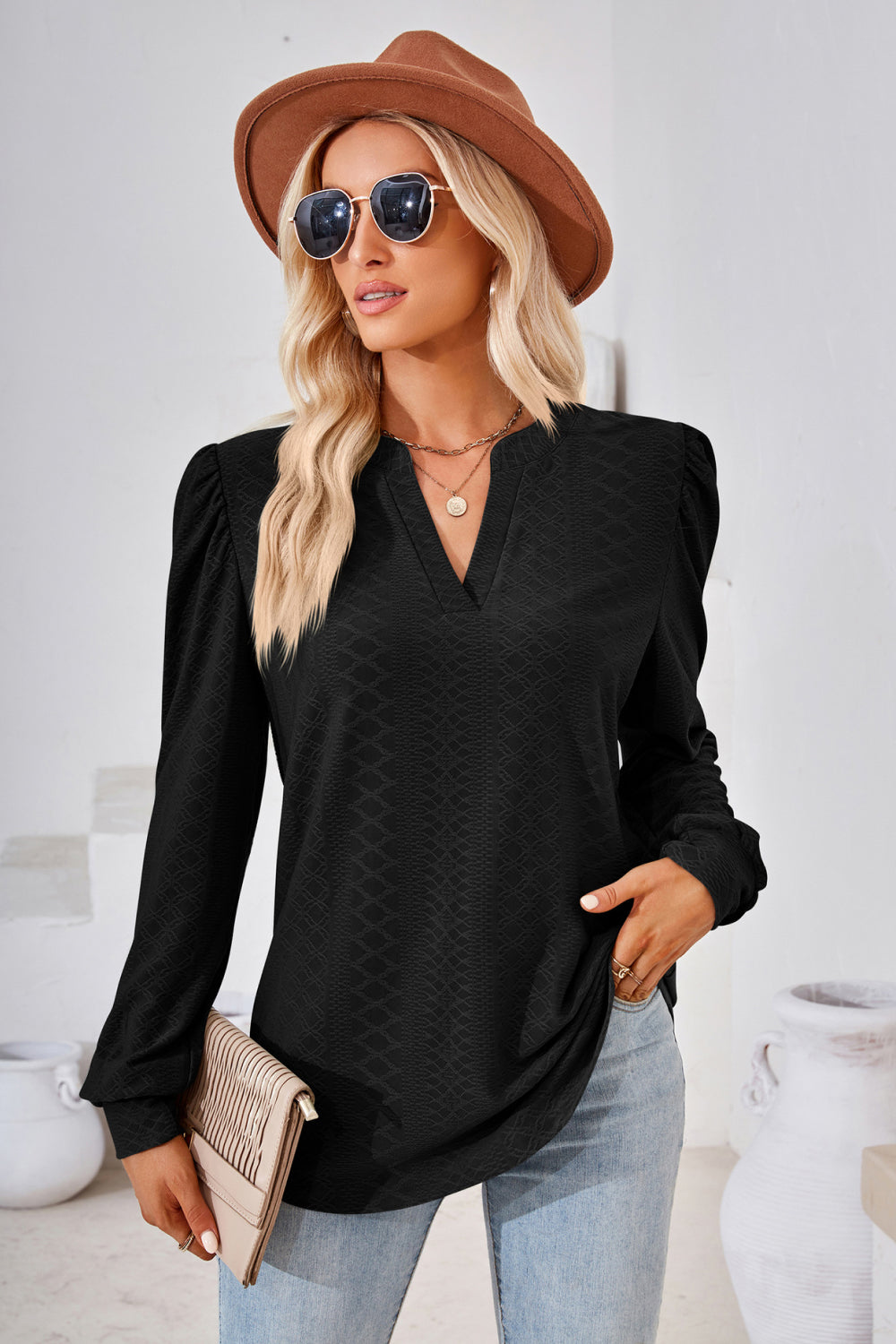 V-Neck Puff Sleeve Blouse