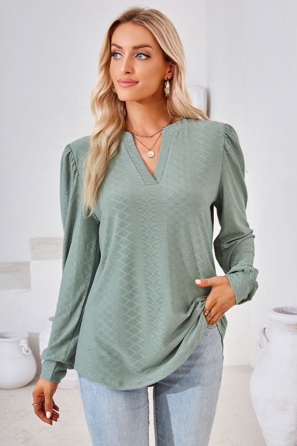 V-Neck Puff Sleeve Blouse