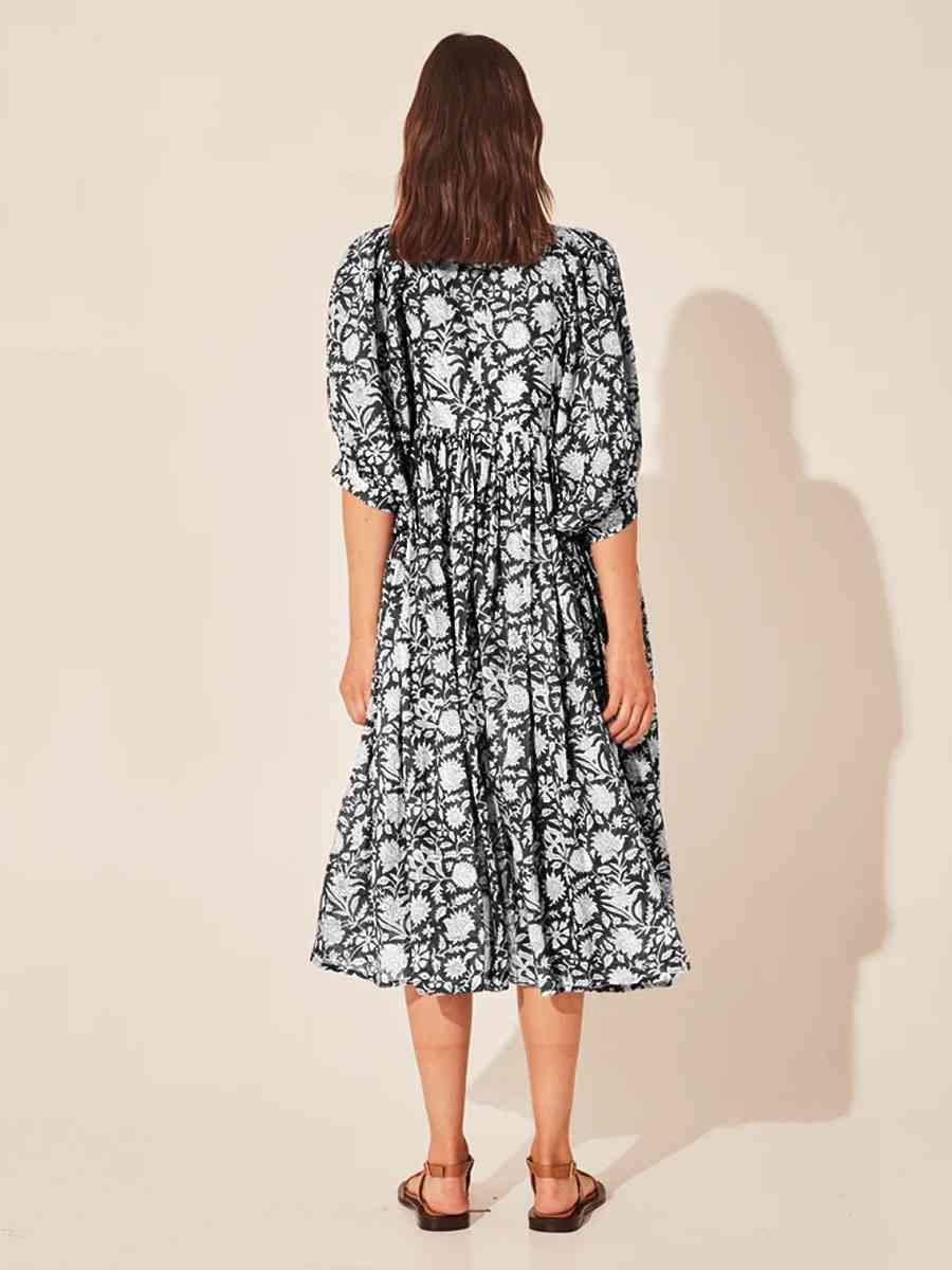 Floral Tie Neck Lantern Sleeve Dress